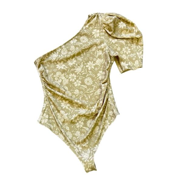 Free People Bohemian  One Shoulder Puff Sleeve Floral Bodysuit Beige Women’s S - Picture 2 of 6
